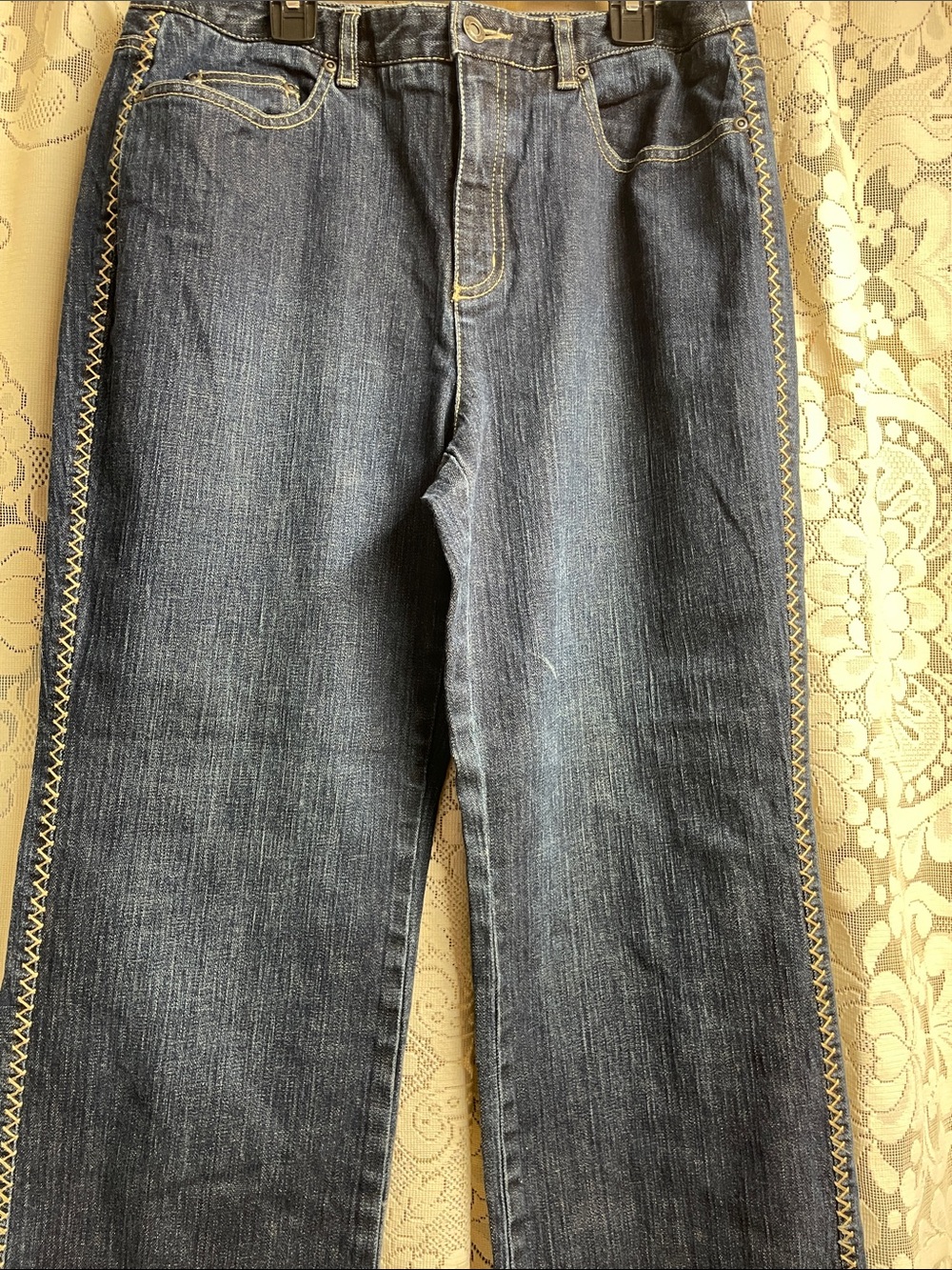 Talbots Dark Blue Straight-Leg Jeans with Yellow Side Stitch Size 10